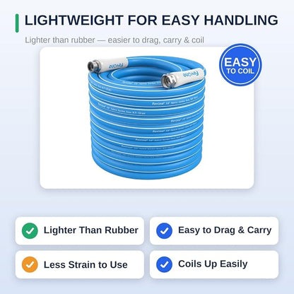 FEVONE Kink Free Garden hose 100 ft, Heavy Duty Water Hose | Drinking Water Safe, Flexible Lightweight Hybrid Polymer, 5/8 ID, 600 PSI, Leak-Free, Aluminum 3/4 GHT Connectors
