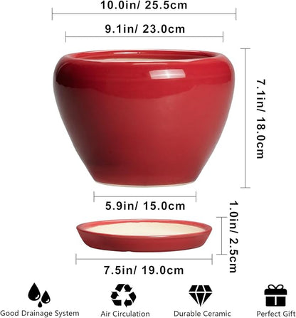 Ceramicfor 10 Inch Plant Pot - Ceramic Planter for Indoor Outdoor Plants, Glaze Modern Round Planter with Drainage Hole and Saucer, Gifts for Plant Lovers, Home Room Garden Decor, Red