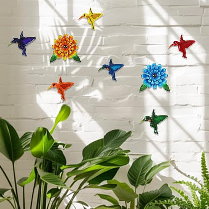 8 PCS Metal Hummingbird Flower Wall Art Garden Decor, 6“ Birds Sunflower Outdoor Wall Art, 3D Colorful Bird Wall Hanging Art Sculpture Outside Living Room Porch Garden Yard