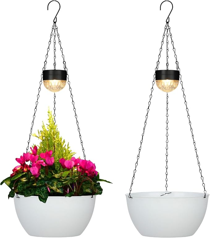 BAYN 2 Packs Solar Hanging Basket Planters for Plants Outdoor | Self Watering, White Flower Pots with Solar Light , Hanging Planters with Drainer for Balcony Patio Garden Decoration