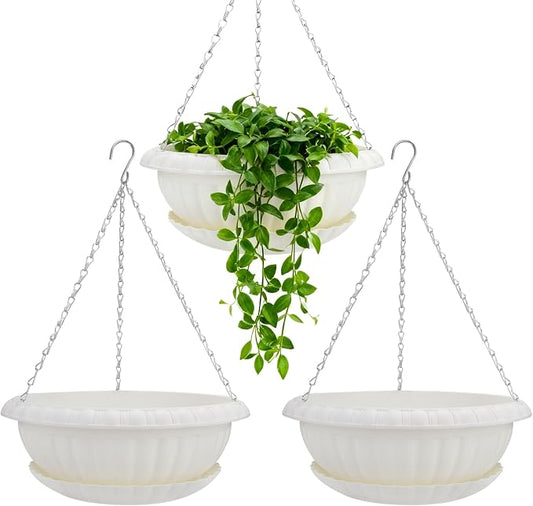 summer flower 3 Pack Large Hanging Planters 12.59in Plastic Plant Pots with Drainage Holes & Trays for Indoor Outdoor Garden Wall Window Decor (White)