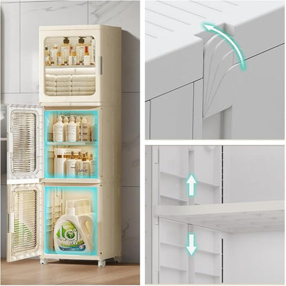 3-Tier Slim Bathroom Storage Cabinet for Small Space,Beige | Quick Assembly,Foldable,Plastic Organizers,Magnetic Doors,Adjustable Shelves,Narrow Storage Cabinet,Wheels