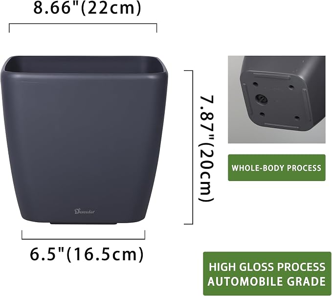 Dexceder 9x8 Self Watering Planter (Slate Gray Matte) | Inner Mat Design, Thickened Table Flower Plant Pot with Water Level Indicator Indoor Outdoor