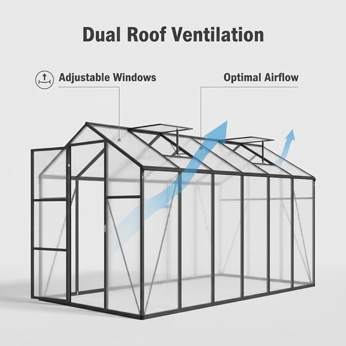 6x12 FT Greenhouse, Walk-in Outdoor Polycarbonate Garden Greenhouses with Aluminum Frame, 4mm PC Panels, Adjustable Roof Vents & Lockable Hinged Door for Backyard Growing, Black