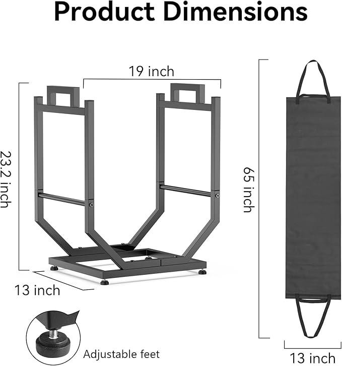 Firewood Rack, Indoor/Outdoor Firewood Holder with Firewood Carrier Bag, Thickened Metal Fireplace Log Holder with Adjustable Feet, Black