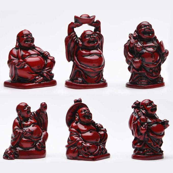 6Pcs 2in Red Resin Laughing Buddha Figurines, Tabletop Lucky Decor | Maitreya Buddha Statue, Flower Pot Statue, Home Office Desk Decor, Fengshui Collection Gift Ornaments