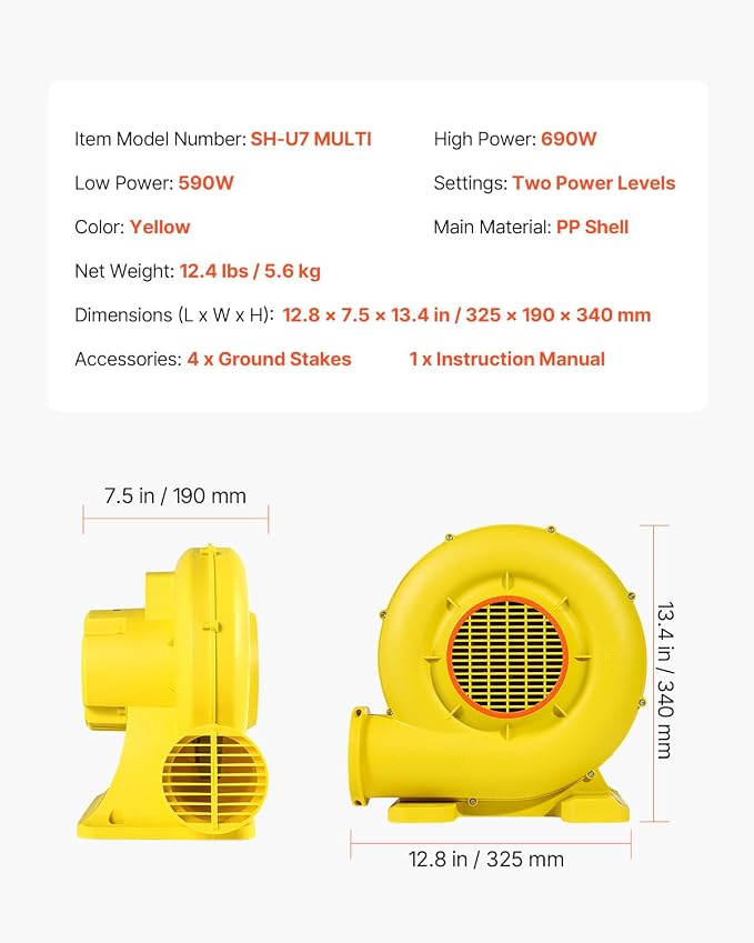 VEVOR Inflatable Blower, Electric Air Blower, Bounce House Blowing Pump, Commercial Corded Fan Pump for Castle Wate Slides Water Slide Bouncy Castle