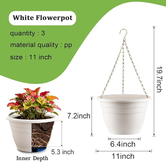 RooTrimmer Hanging Planters 11 Inch, 3 Pcs Flower Pots with Drainage Hole, Self Watering Hanging Basket for Indoor Outdoor Plants, Decor, White