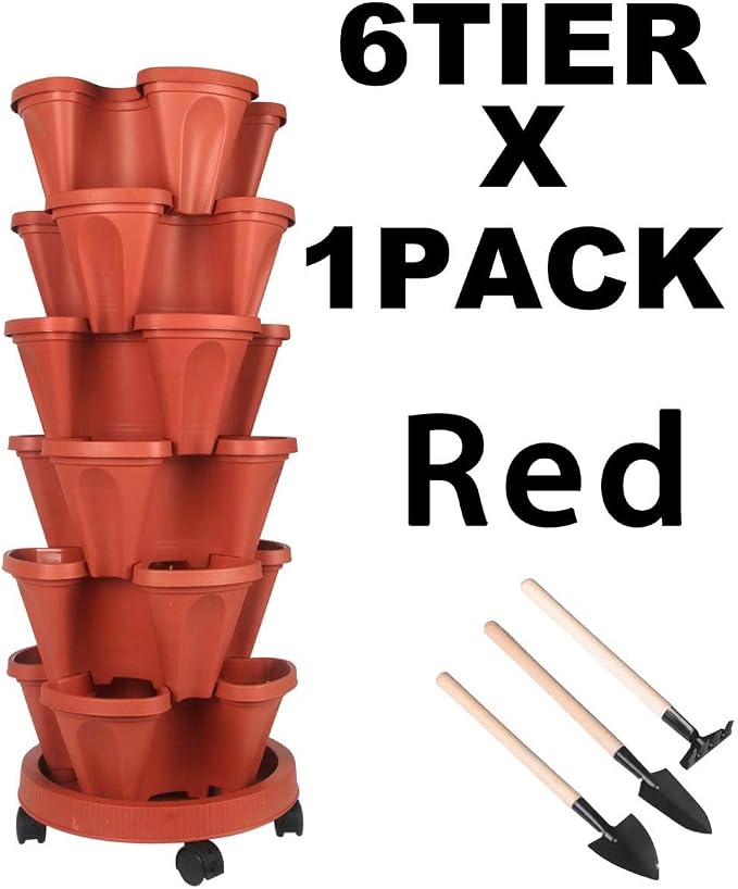 GameXcel Vertical Planter Tower - 6 Tier Stackable Garden Planters with Wheels and Tools Plant Pots for Strawberry Herb Flower and Vegetable Indoor Outdoor Use Red