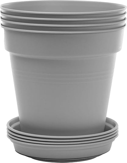Mintra Garden Pots, 4 Pack Bulk Plastic Plant Pots with Drainage Tray, Round Indoor & Outdoor Decorative Planters with Drain Holes for Flowers, Herbs & Plants, 17cm Diameter – Grey, 6.6 in