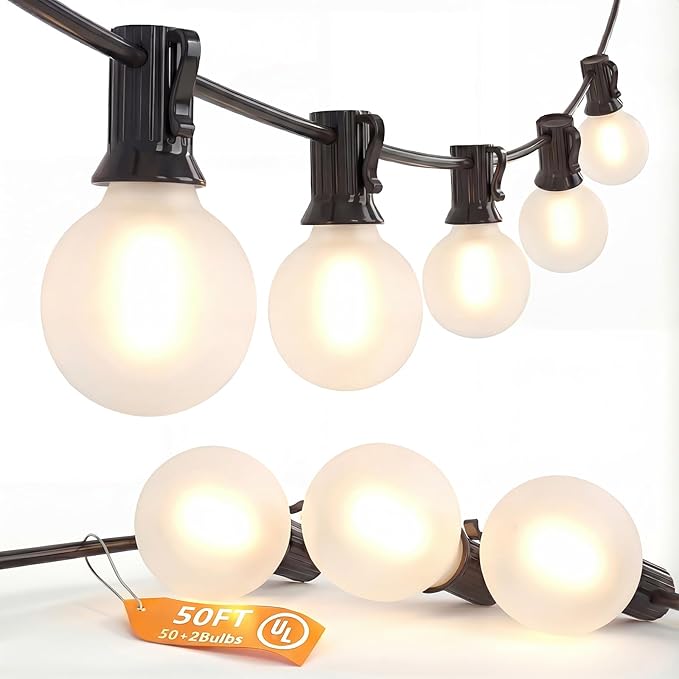 SUNSGNE G40 Outdoor String Lights Waterproof, 50FT Outdoor Hanging Lights with 52 Globe Frosted White LED Bulbs(2 Spare) for Outside Patio Tent Porch Garden Backyard Balcony Deck Decor