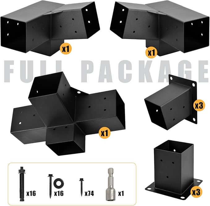 Pergola Kit, 15° 3-Way Slanted Roof Pergola Bracket Set, Roof Wall Mount Extension Bracket 4" x 4" (Actual 3.5" X 3.5") - Set 9