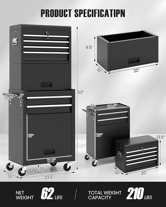 ARNOT 2-in-1 Rolling Tool Chest with 5 Drawers, Heavy-Duty Metal Tool Box with Wheels, Detachable Top Tool Box & Rolling Tool Cabinet for Garage, DIY (6-Drawers Whith Middle Box, Black)