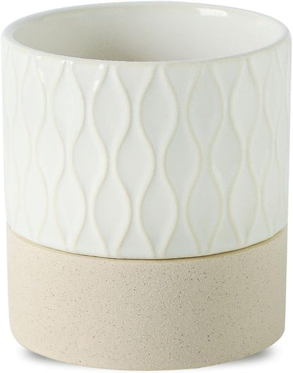 Nihow Self Watering Ceramic Plant Pot, 4.5 Inch, Cream White & Brown Net | Drainage Hole, Water Storage Plus, Indoor & Outdoor, Cylinder Flower Pot, For Herbs/Violets