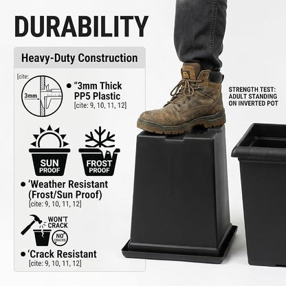 10 inch Square Planters - 4 Pack Deep 13 inch Plastic Plant Pot with Drainage Holes & Raised Feet, Matte Black 4 Gal Heavy Duty Thick Indoor Outdoor Flower Pot for Trees, Roses, Tomatoes
