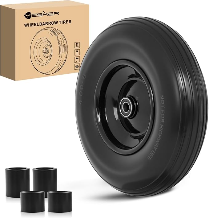 Yesker 4.00-6" Flat-Free Tires and Wheels, 13" Solid Wheelbarrow Tire with 5/8" Bearing 1.75" Centered Hub for Wheelbarrow, Garden Gorilla Cart, Hand Truck (1 Pack)