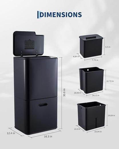 GarveeHome 16 Gallon Dual Trash Can for Kitchen, 2 Compartment Stainless Steel Garbage Can, 33L+28L Kitchen Recycling Bin with Compost Caddy, Removable Inner Bucket & Odor Control, Black
