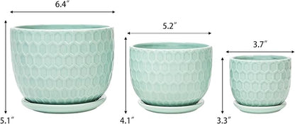 Ceramic Flower Pots with Drainage Hole and Saucer, Modern Round Succulent Planters with Honeycomb Inspired Texture Design, Small to Medium Sized, Set of 3, Green