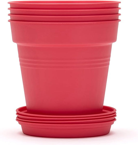 Mintra Garden Pots, 4 Pack Bulk Plastic Plant Pots with Drainage Tray, Round Indoor & Outdoor Decorative Planters with Drain Holes for Flowers, Herbs & Plants, 15cm Diameter – Coral, 5.9 in