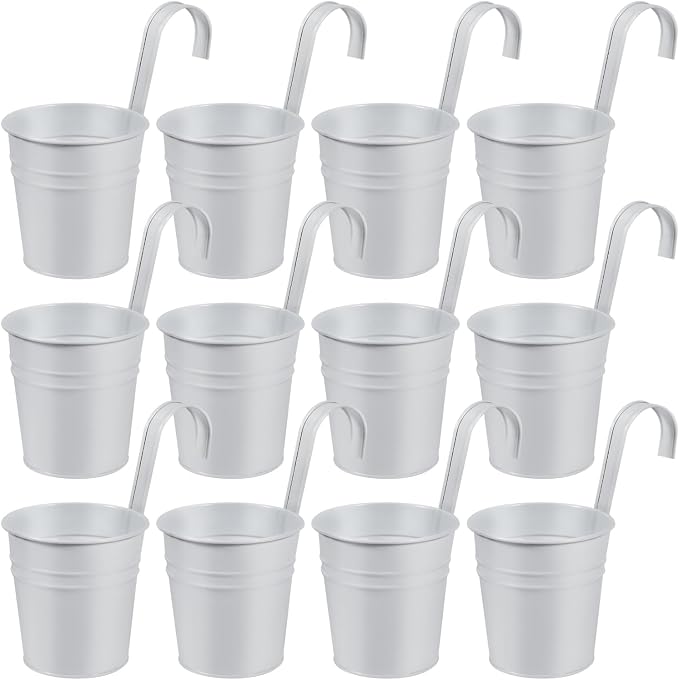 OBTANIM 12 Pack Metal Hanging Flower Pots Railing Planter Outdoor Fence Hanging Bucket Plant Holder with Detachable Hooks Drain Holes for Home Garden Yard Decor (White, 4 x 4 Inch)