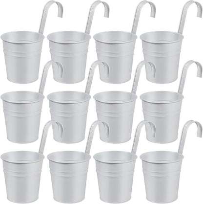 OBTANIM 12 Pack Metal Hanging Flower Pots Railing Planter Outdoor Fence Hanging Bucket Plant Holder with Detachable Hooks Drain Holes for Home Garden Yard Decor (White, 4 x 4 Inch)
