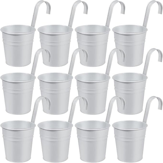 OBTANIM 12 Pack Metal Hanging Flower Pots Railing Planter Outdoor Fence Hanging Bucket Plant Holder with Detachable Hooks Drain Holes for Home Garden Yard Decor (White, 4 x 4 Inch)