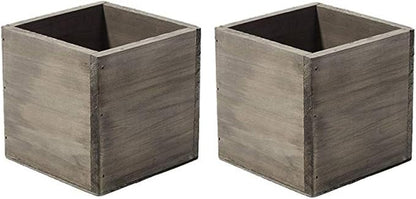 4" Square Rustic Wood Planters with Plastic Liner - Set of 2