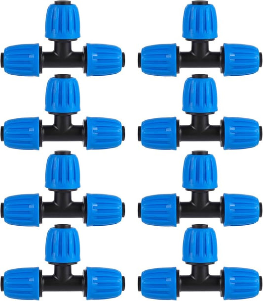 8 Pcs 1/2 Inch Irrigation Tubing Tee Fittings, (1/2" ID x0.6-0.63" OD) Drip Tubing Barbed Locked Nuts Tee Connectors Anti-Drop 1/2" T Connectors for Garden Irrigation System