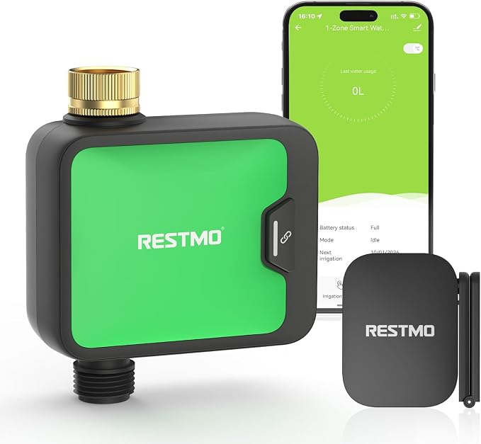 RESTMO Smart WiFi Water Timer for Garden Hose, Sprinkler Timer with APP Control & Brass Inlet, Rain Delay/Manual/Automatic Watering System, Quantity or Timed Irrigation Modes for Misting, Garden