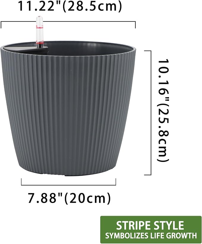 Dexceder 11x10 Self Watering Planters Indoor (2 Pack, Gray) | Inner Mat Design, Table Flower Plant Pot with Water Level Indicator