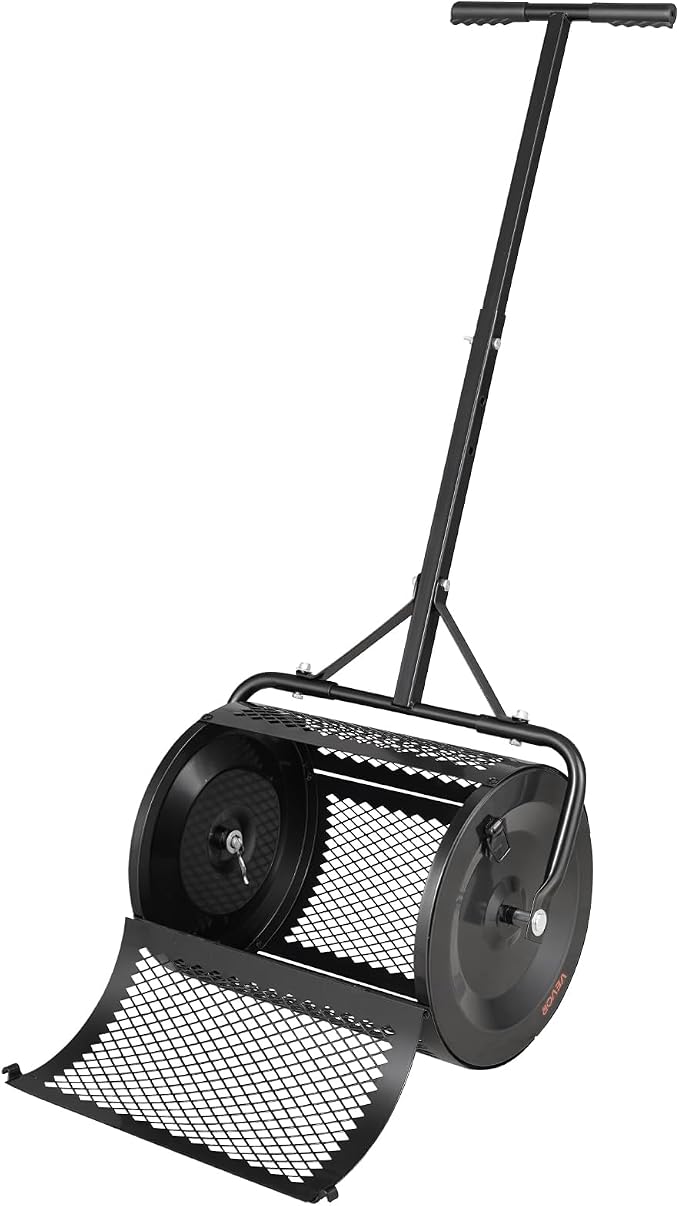 VEVOR Compost Spreader, 16.5" Wide Peat Moss Spreader with T Shaped Handle, 3 Heights Adjustable, Powder-Coated Steel Garden Peat Moss Roller, Heavy Duty Grass Seed Roller for Planting Seeding, Black
