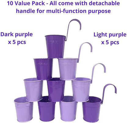 LaLaGreen Outdoor Rail Planter (4 in, 10 Pack) Purple Metal Railing Pots | Rail hanging planters for balcony, apartment, patio, porch, deck, herb, succulent, cactus pots, outdoor plants