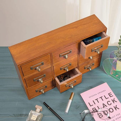 Apothecary Drawers Apothecary Cabinet with Drawers, Brown | 9 Drawer Library Card Catalog, Wooden Storage Box, Wooden Desktop Organizer with Metal Handles-Fulled Assembled