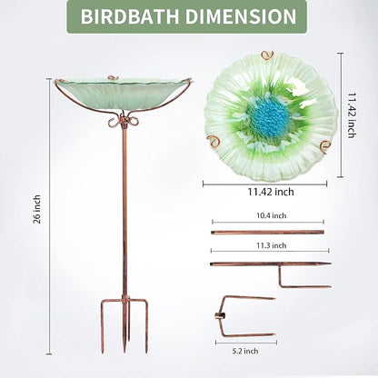 MUMTOP 26 Inch Height Glass Birdbath Birdfeeder with Metal Stake Garden Outdoor Green