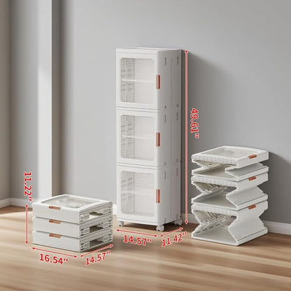 3-Tier Slim Bathroom Storage Cabinet for Small Space,White | Quick Assembly,Foldable,Plastic Organizers,Magnetic Doors,Adjustable Shelves,Narrow Storage Cabinet,Wheels