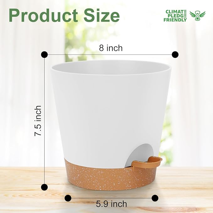 YNNICO 8-Inch Plant Pots, Self-Watering Planters with Drainage Holes & Saucers for Indoor and Outdoor Plants (2-Pack, White)