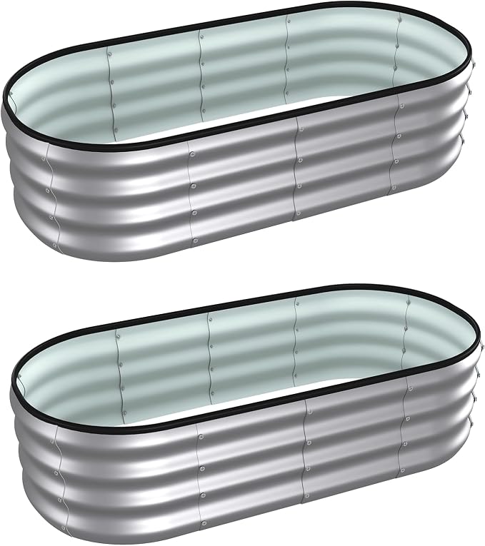 4x2x1 ft Oval Galvanized Metal Raised Garden Beds, Thickened Rust-Proof Flower Beds, Outdoor Plant Planter Boxes(Silver, 2PCS)