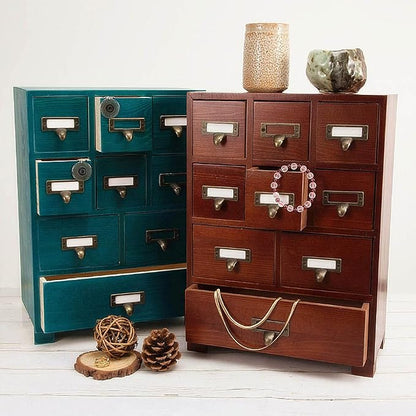 Apothecary Drawers Apothecary Cabinet with Drawers, Brown | 9 Drawer Library Card Catalog, Wooden Storage Box, Wooden Desktop Organizer with Metal Handles-Fulled Assembled
