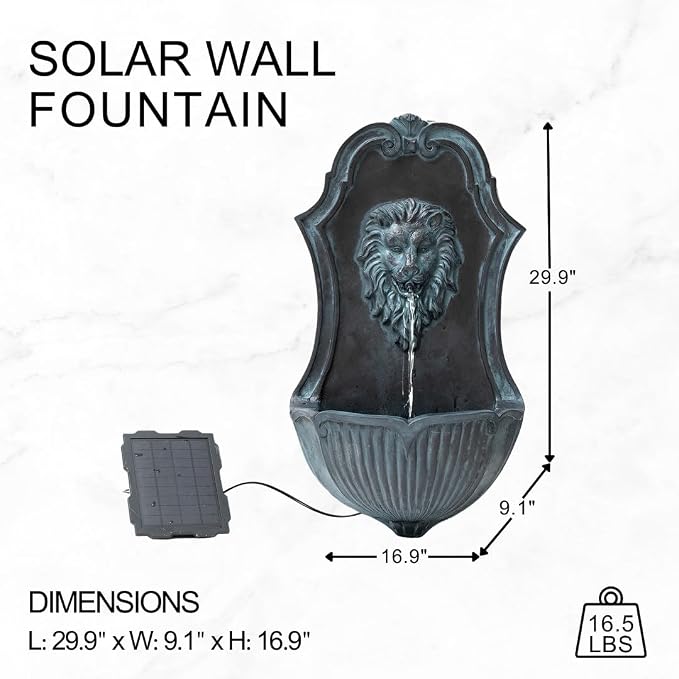 XBrand 29.9" Solar-Powered Wall-Mounted Lion Head Fountain, Resin, Outdoor, Gray