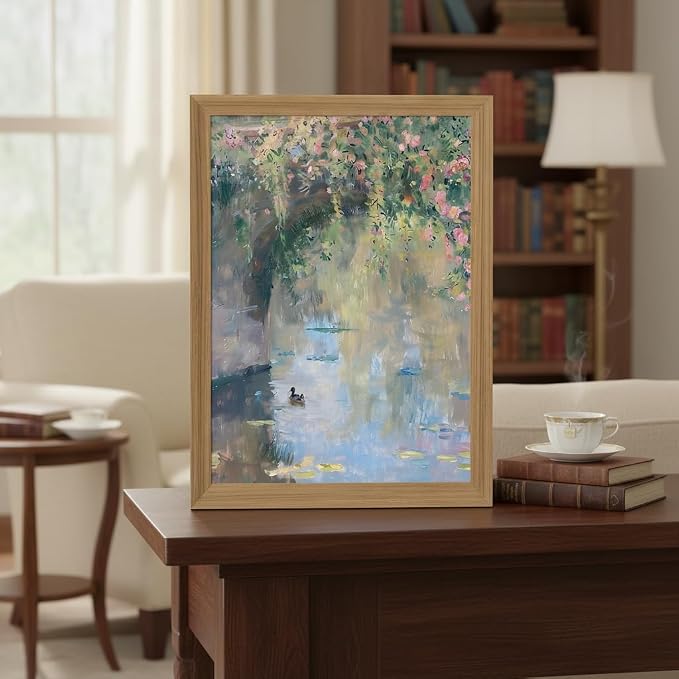 Framed Monet Wall Art, Water Lilies Pond Landscape Canvas Print, 16x24in | Vintage floral pond art in rustic wood frame for bedroom, bathroom, living room or French country decor
