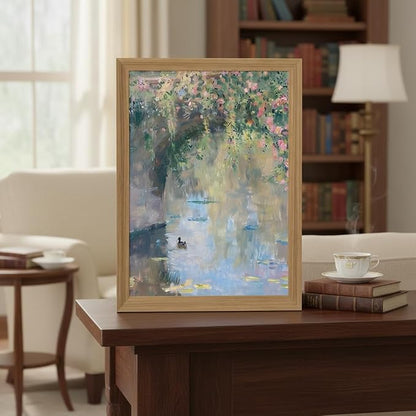 Framed Monet Wall Art, Water Lilies Pond Landscape Canvas Print, 16x24in | Vintage floral pond art in rustic wood frame for bedroom, bathroom, living room or French country decor