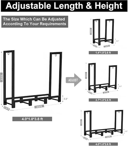 Koutemie 4Ft Outdoor Firewood Rack Holder for Fireplace Wood Storage, Adjustable Fire Log Stacker Stand, Black