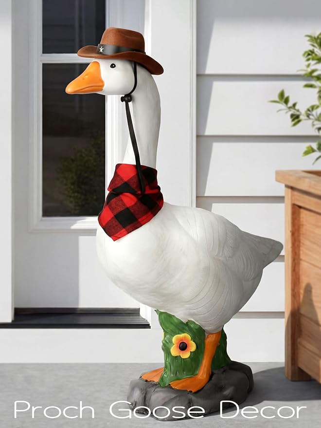LarpGears Premium Adjustable Large Porch Goose Statue – 23” Realistic Hollow Plastic Garden Goose with Removable Cowboy Hat & Bandana, Stone Base with Sand-Fillable Design for Outdoor Stability
