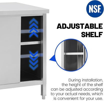Hally Stainless Steel Cabinet, 30" x 60" NSF Commercial Heavy Duty Prep Workbench with Two Sliding Doors, Large Storage Cabinet, Metal Table for Kitchen, Restaurant, Garage