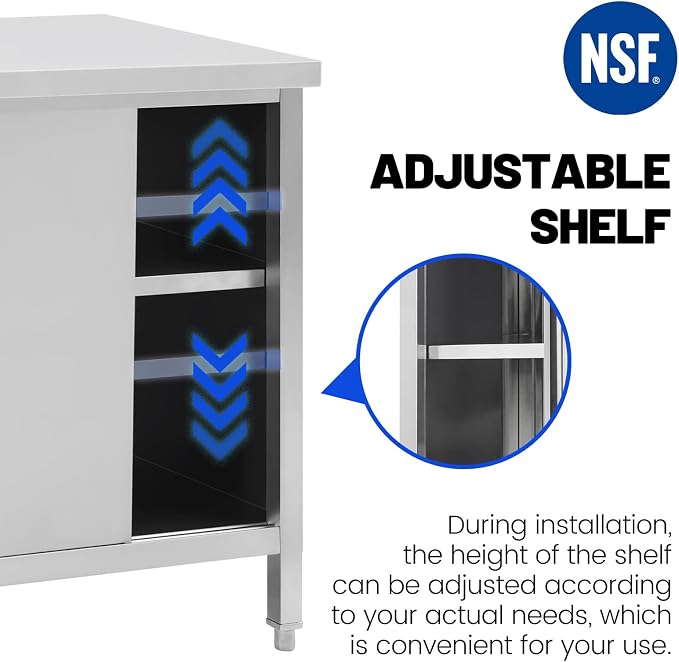 Hally Stainless Steel Cabinet, 24" x 48" NSF Commercial Heavy Duty Prep Workbench with Two Sliding Doors, Large Storage Cabinet, Metal Table for Kitchen, Restaurant, Garage