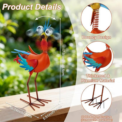 Metal Wacky Rooster Garden Statue for Patio, Backyard, Lawn | 17.9'' Rooster Decor, Yard Statue Decorations Outdoor, Chicken Yard Art, Orange & Cyan