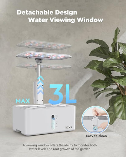 URUQ 8 Pods Hydroponics Growing System with LED Grow Light - White | Quiet Water Pump, Automatic Timer, Adjustable Height for Fresh Herbs, Vegetables, Indoor Gardening, Gifts for Plant Lovers