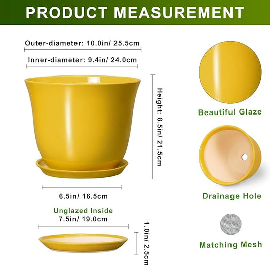 Ceramic Planter - 10 Inch Plant Pot for Indoor Outdoor, Round Flower Pots with Drainage Hole and Saucer, Large Plant Pot, Modern Planters, Home Room Decor, Gifts for Plants Lovers, Yellow