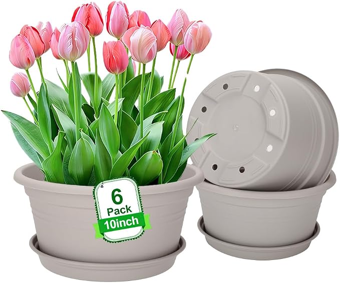 MRPAPA 6 Pack Large 10 Inch Plastic Plant Pot, Outdoor Indoor Round Planters Pots with Drainage Hole & Tray Saucer,Decoration Pots for Home,Patio & Garden (Grey White)