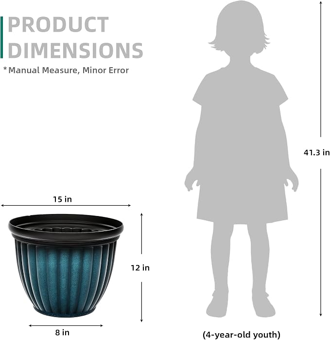 15" Large Flower Pots Set of 2 Plastic Planters for Outdoor Plants | Plant Pot with 3D Textures, Gradient Teal Blue Glaze, Weather-Resistant for Porch, Garden, Patio or Indoor Use